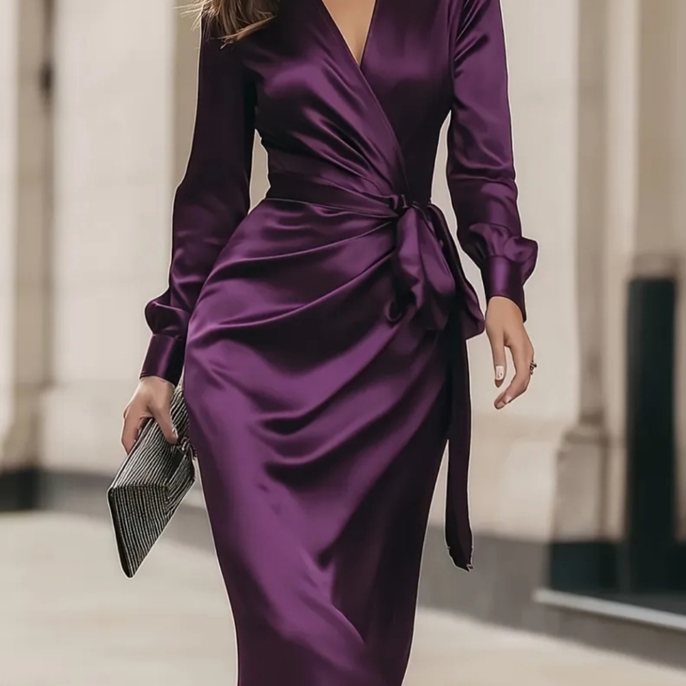 Womens Elgent V.neck Dress Satin Wrap With Tie Waist